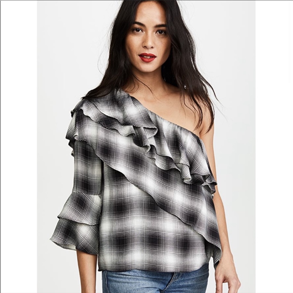 Alice + Olivia Hilaria One Shoulder Ruffle Plaid Blouse Size Small